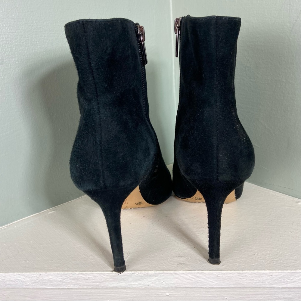 3/$9 Vince Camuto Allost Black Suede Leather Ankle Mid-Heel Booties Boots Pointy - Picture 4 of 16